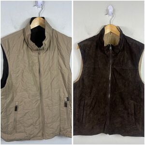 FACONNABLE Vest  XL Khaki Tan/Brown Leather Reversible Full Zip Quilted